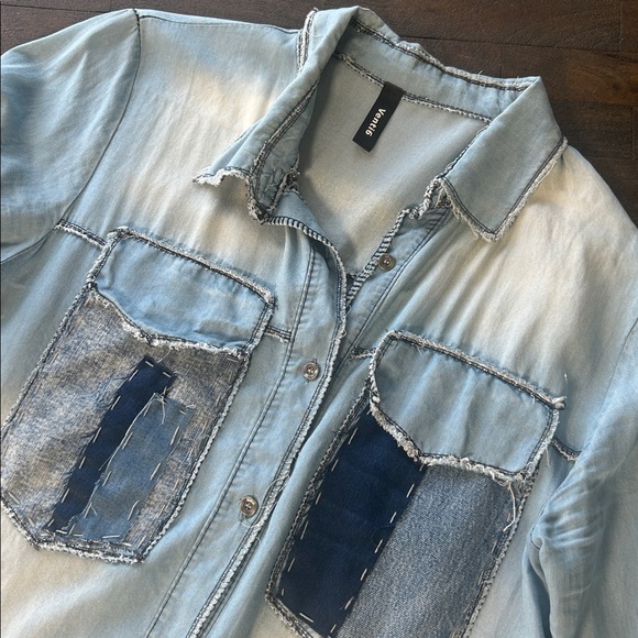 Tops - Venti6 Embellished Chambray Button Down Long Sleeved Shirt Dress